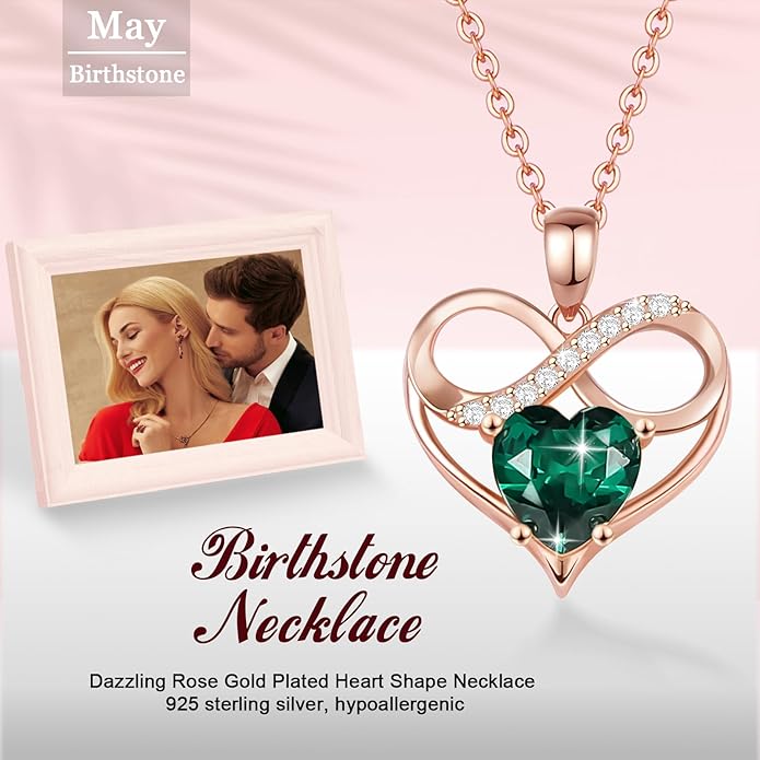 Rose Gold Birthstone Necklaces Heart Birthstone Pendant Necklaces For Women Valentine's Day Mother's Day Anniversary Christmas Gifts