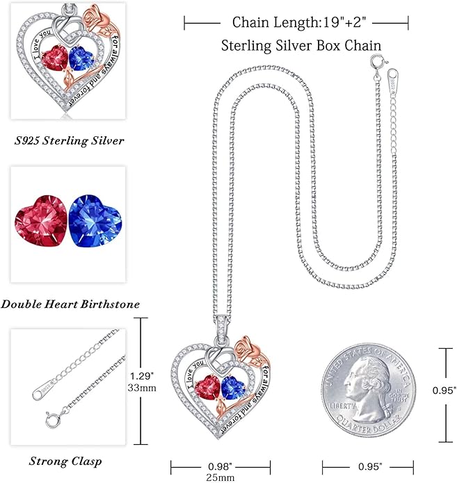 Iefil Rose Heart Necklace Gifts for Wife Women - 925 Sterling Silver Double Birthstone Necklace, Anniversary Birthday Gifts for Women, Jewelry Gift for Wife Girlfriend Mom Her