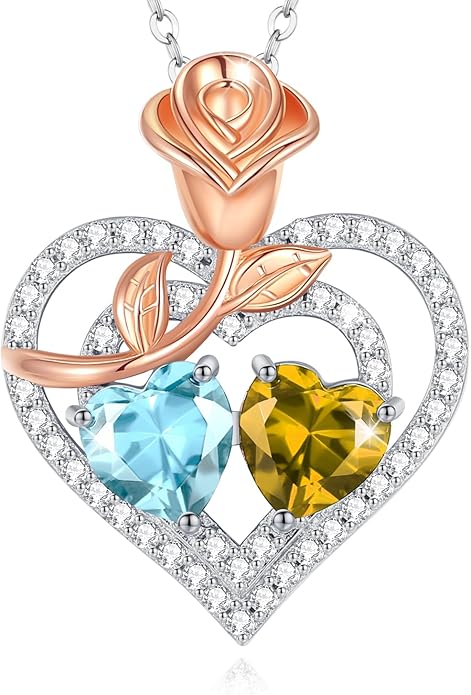 AGVANA Birthstone Necklace for Women Sterling Silver Rose Flower Heart Double Birthstone Jewelry Pendant Necklace Anniversary Birthday Gifts for Women Mom Wife Girlfriend Her