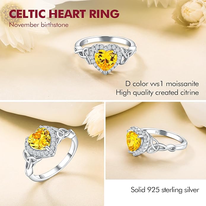 DAYBYDAY Celtic Birthstone Rings for Women 925 Sterling Silver Heart/Round/Pear/Oval Created Gemstone Moissanite Halo Engagement Promise Rings for Her Wife Birthday Anniversary Wedding Jewelry