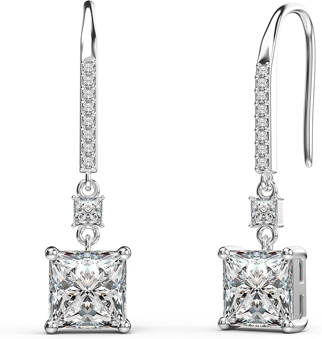 18K White Gold Plated Sterling Silver Square Princess Cut Cubic Zirconia Dangle Earrings for Women Square CZ Diamond Drop Dangling Earrings for Women Mom Hypoallergenic