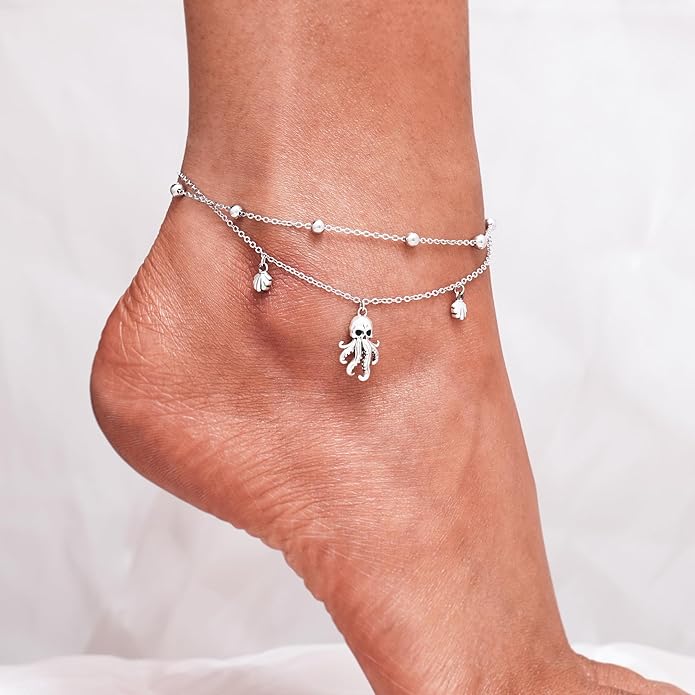 CHIC & ARTSY Womens Sterling Silver Created Opal Layered Anklet Bracelet Dainty Beaded Chain Adjustable 11" Best Friend Anklet