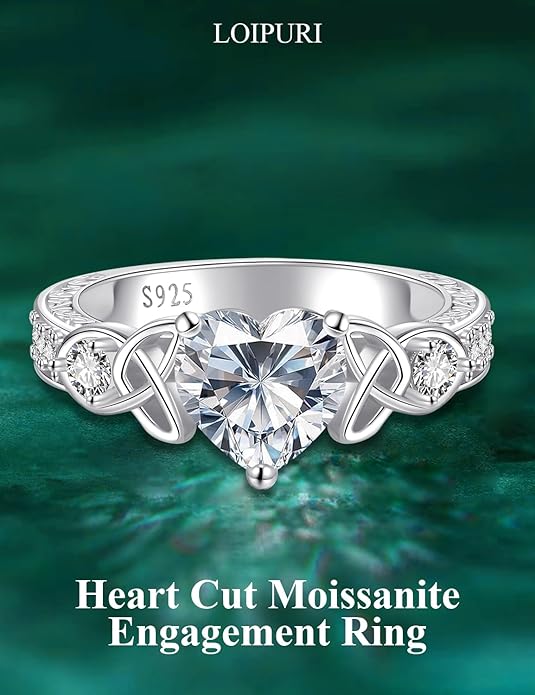 2Ct Moissanite Engagement Ring for Women, D Color VVS1, Heart Shaped Celtic Style, 925 Sterling Silver Wedding Anniversary Promise Gift