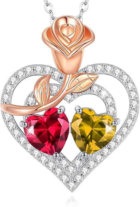 AGVANA Birthstone Necklace for Women Sterling Silver Rose Flower Heart Double Birthstone Jewelry Pendant Necklace Anniversary Birthday Gifts for Women Mom Wife Girlfriend Her