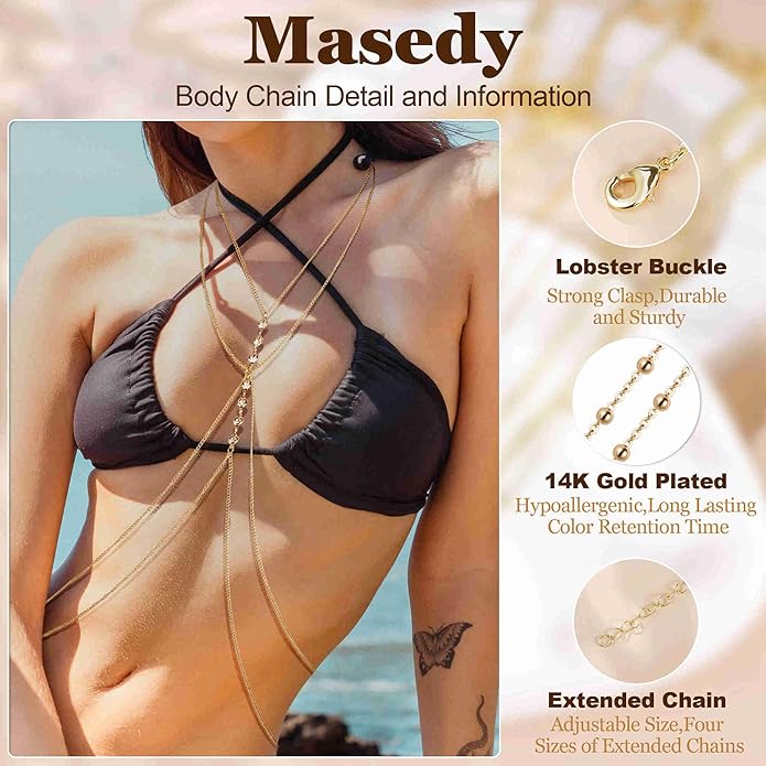 14K Gold Sexy Body Chains for Women Necklace Layered Bikini Bra Chain Crossover Belly Chain Rhinestone Summer Chest Chain Beach Prom Nightclub Body Chain Jewelry