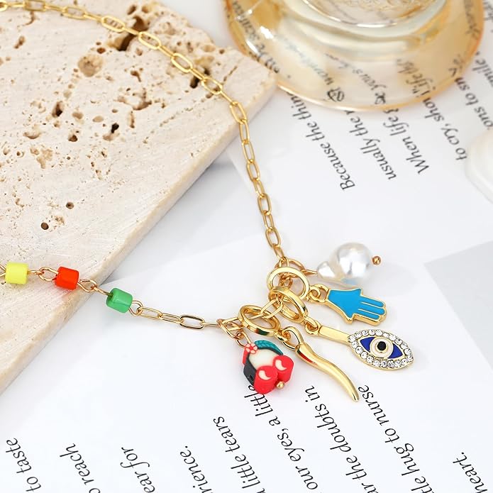 Charm Necklace for Women Gold Evil Eye Sun Moon Flower Coin Pendant Necklace Dainty Paperclip Chain Vintage Luck Amulet Choker Necklaces Celestial Jewelry Gift