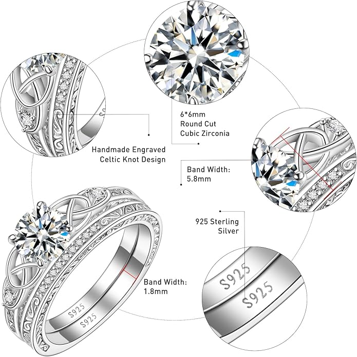 Vintage Celtic Knot Women's Engagement Ring Sets 925 Sterling Silver/14K Gold Plated Stackable Wedding Bands Rings AAAAA Cubic Zirconia Women Bridal Sets Wedding Ring Band Width 1.8mm Size 5-9