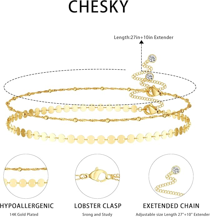 CHESKY Gold Waist Chain, 14K Gold Plated Belly Chain Adjustable Waterproof Body Chain Sexy Bikini Waist Beads for Women Satellite Beads Diamond Pearl Coin Chain Dainty Body Chain Jewelry for Women