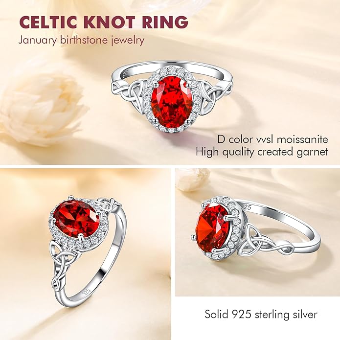 DAYBYDAY Celtic Birthstone Rings for Women 925 Sterling Silver Heart/Round/Pear/Oval Created Gemstone Moissanite Halo Engagement Promise Rings for Her Wife Birthday Anniversary Wedding Jewelry