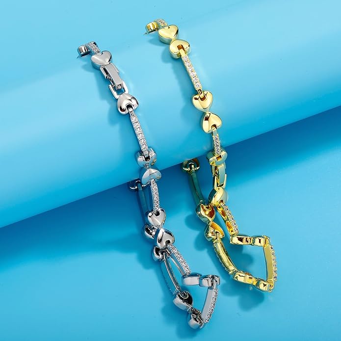 TOPGRILLZ Anklets for Women - 2 mm Heart Bows Design 14K Gold Plated 5A Cubic Zirconia Ankle Bracelets with Fold Over Clasp - Summer Beach Jewelry, 8 IN / 9 IN / 10 IN