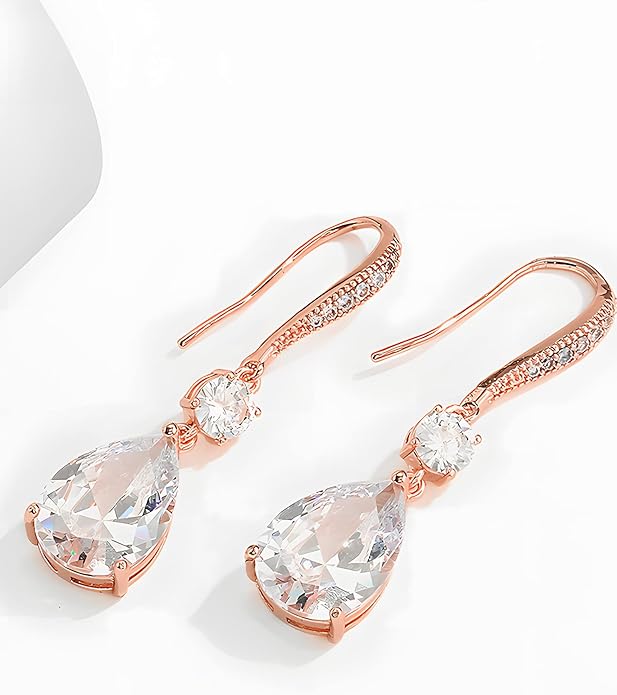 Drop Dangle Earrings for Women, Pear Cut Cubic Zirconia Long Teardrop Wedding Bridal Earrings, Silver Rose Gold Plated Copper Brass Micro Inlay CZ Gorgeous Plain Simple Fine Jewelry Gifts Box