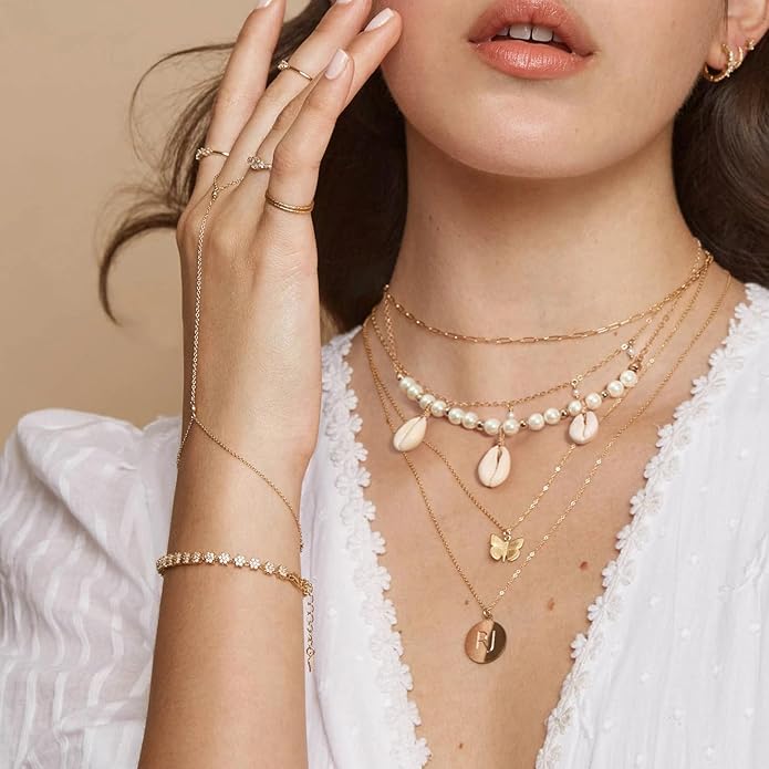 18k Gold Chain Link Necklace for Women, Baroque Pearl/Compass Pendant Necklace