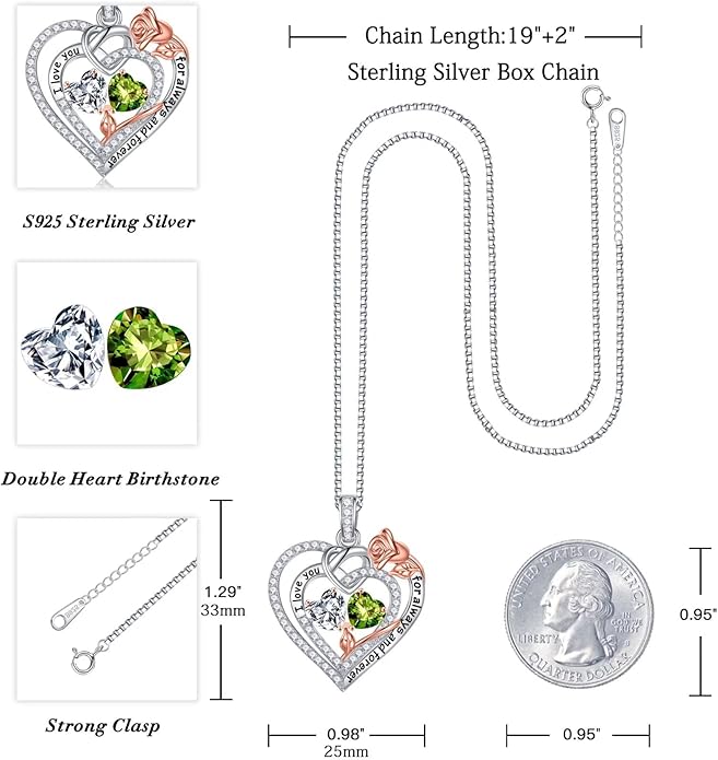 Iefil Rose Heart Necklace Gifts for Wife Women - 925 Sterling Silver Double Birthstone Necklace, Anniversary Birthday Gifts for Women, Jewelry Gift for Wife Girlfriend Mom Her
