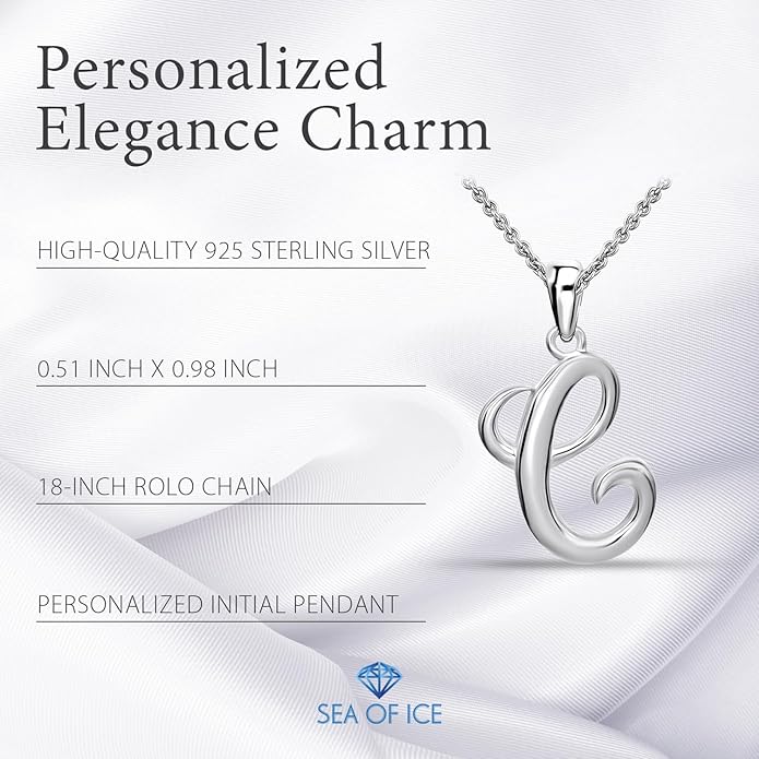 SEA OF ICE Letter Initial Necklace, Alphabet Letter Pendant Necklace, Sterling Silver, Gold, Rose Gold Necklace for Women, Elegant Initial Necklaces, Personalized Custom Women's Necklaces