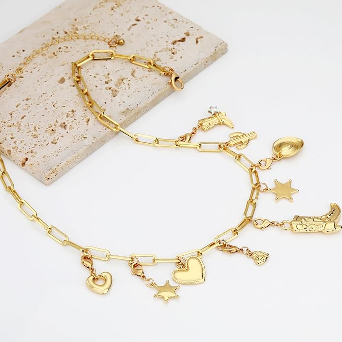 Charm Necklace for Women Gold Evil Eye Sun Moon Flower Coin Pendant Necklace Dainty Paperclip Chain Vintage Luck Amulet Choker Necklaces Celestial Jewelry Gift