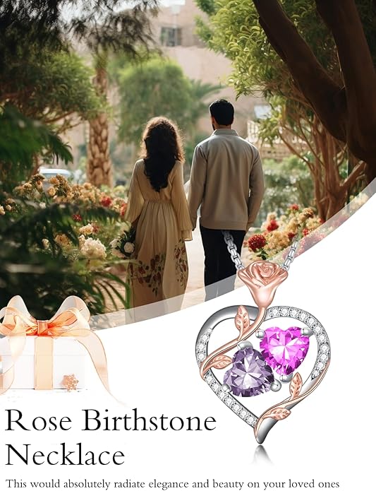Jewelry for Her Double Heart Rose Birthstone Pendant Necklace Anniversary Jewelry Christmas Birthday Gifts for Women Wife Girlfriend