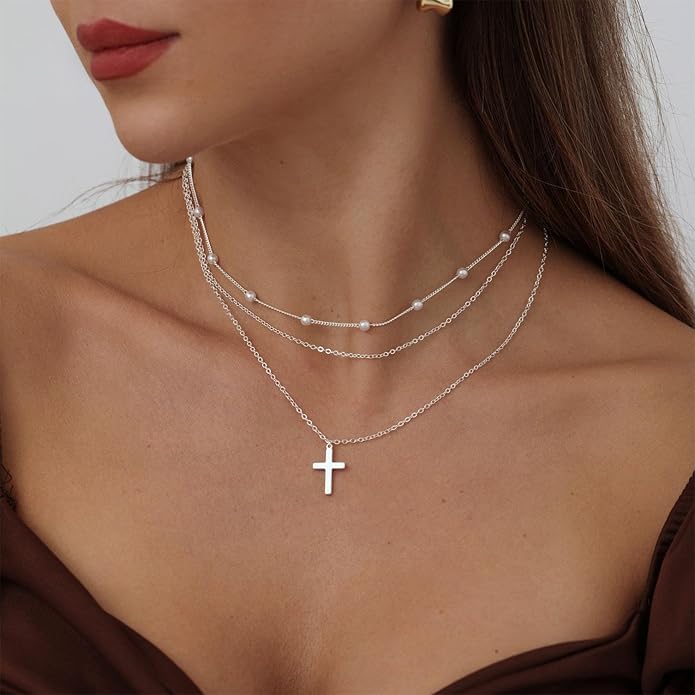 ASCOMY Layered Necklaces for Women Dainty Gold Necklace 14K Gold Plated Herringbone Necklace for Women Pearl Cross Necklace Paperclip Cuban Figaro Rope Satellite Chain Gold Choker Trendy Jewelry Gift