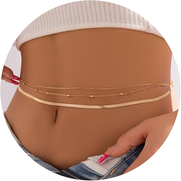 Turandoss 1-3PCS 18K Gold Plated Waist Chains for Women - Gold Layered Belly Body Chain for The Waist Adjustable Multilayer Sexy Bikini Waist Chain for Women Dainty Beach Waist Jewelry for Women