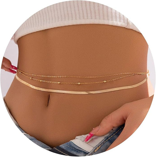 Turandoss 1-3PCS 18K Gold Plated Waist Chains for Women - Gold Layered Belly Body Chain for The Waist Adjustable Multilayer Sexy Bikini Waist Chain for Women Dainty Beach Waist Jewelry for Women