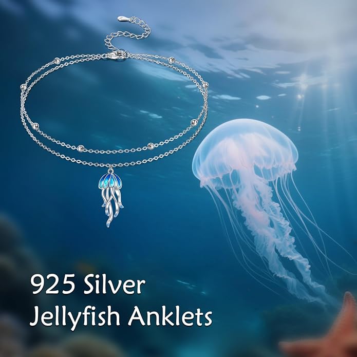 POPLYKE Jellyfish Anklet for Women Sterling Silver Double Layer Blue Ocean Anklet Sea Jewelry Gift for Summer Beach