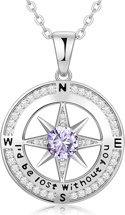 Compass Necklace Gifts for Women wife - S925 Sterling Silver Birthstone Necklaces for Women - Anniversary Birthday Gifts for Her Wife Girlfriend - Valentines Mom Mothers Day Christmas Gifts Jewelry for Women
