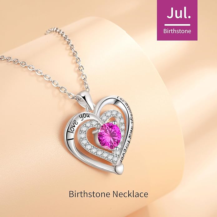 Heart Necklace, I Love You Always & Forever, Birthstone Cubic Zirconia Pendant, Gift for Women