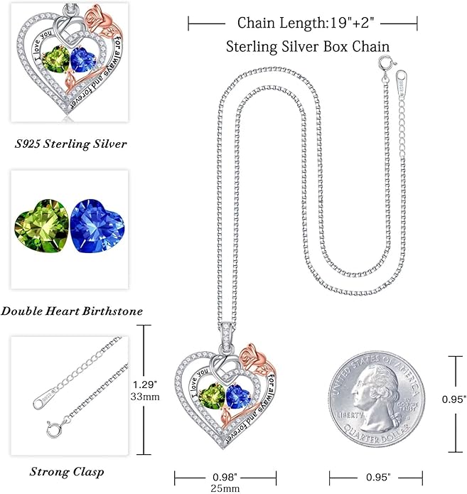 Iefil Rose Heart Necklace Gifts for Wife Women - 925 Sterling Silver Double Birthstone Necklace, Anniversary Birthday Gifts for Women, Jewelry Gift for Wife Girlfriend Mom Her