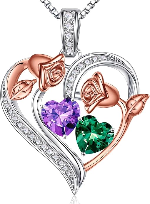 Iefil Birthstone Necklace for Women - 925 Sterling Silver Rose Heart Necklace, Birthstone Jewelry, Anniversary Birthday Gifts for Wife Girlfriend Mom Daughter