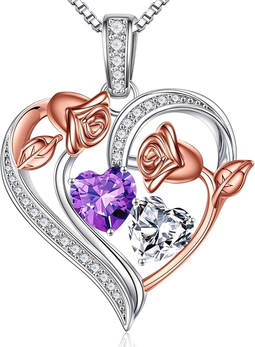 Iefil Birthstone Necklace for Women - 925 Sterling Silver Rose Heart Necklace, Birthstone Jewelry, Anniversary Birthday Gifts for Wife Girlfriend Mom Daughter