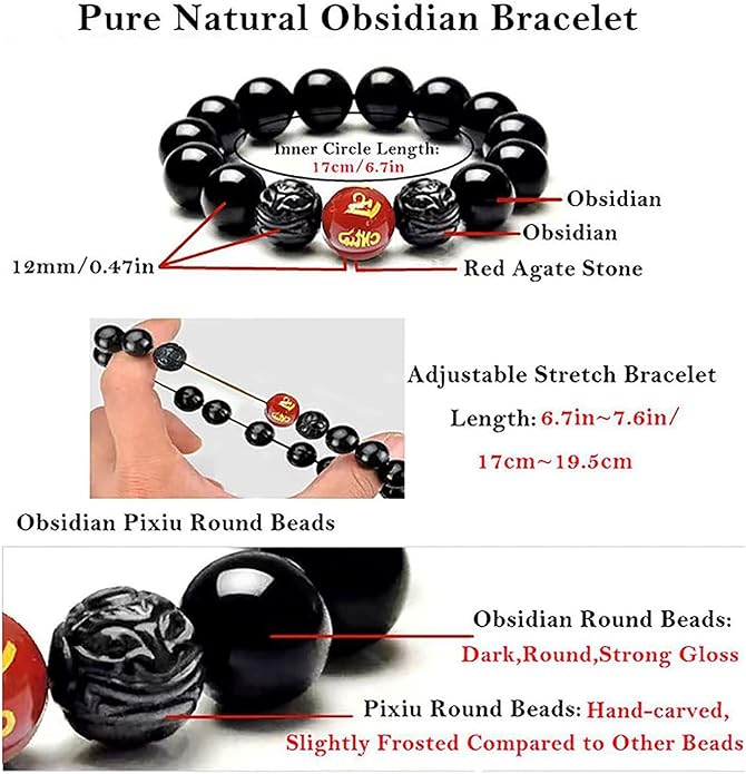 Black Obsidian Bracelet,Feng Shui Black Obsidian Wealth Bracelet for Women Men Couples Handmade Stretch Obsidian Bracelet Bangle with Carved Pixiu Tiger Eye Stone Attract Wealth Money and Good Luck