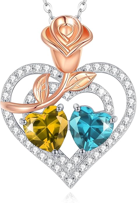 AGVANA Birthstone Necklace for Women Sterling Silver Rose Flower Heart Double Birthstone Jewelry Pendant Necklace Anniversary Birthday Gifts for Women Mom Wife Girlfriend Her