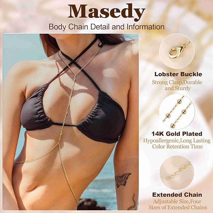 14K Gold Sexy Body Chains for Women Necklace Layered Bikini Bra Chain Crossover Belly Chain Rhinestone Summer Chest Chain Beach Prom Nightclub Body Chain Jewelry