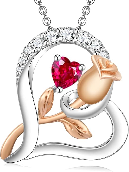 Rose Flower Heart Birthstone Necklaces for Women, 925 Sterling Silver Anniversary Jewelry, Pendant Heart Necklaces Birthday Anniversary Christmas Gift for Women Wife Mom Girlfriend Lady