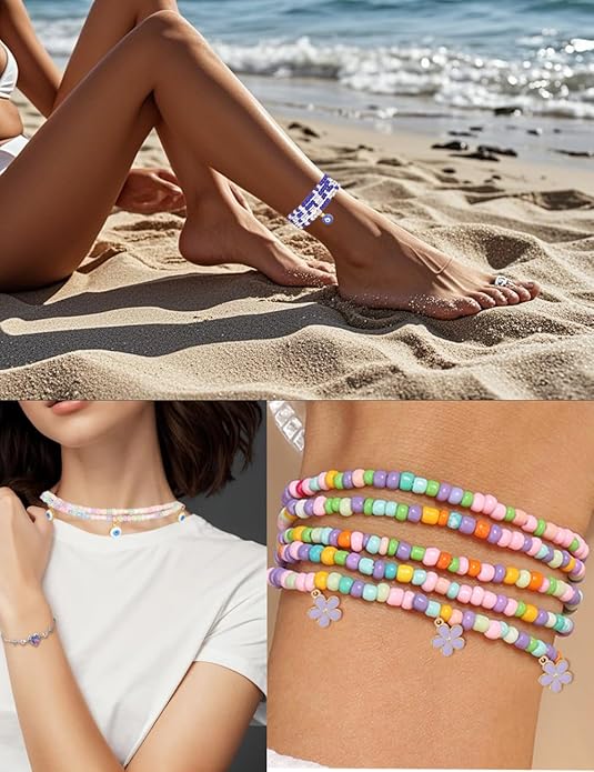 Tornito 8Pcs 31.5 Inches African Waist Bead Chain Elastic Belly Beads Butterfly Shell Layered Body Chain Colorful Jewelry Accessories for Women