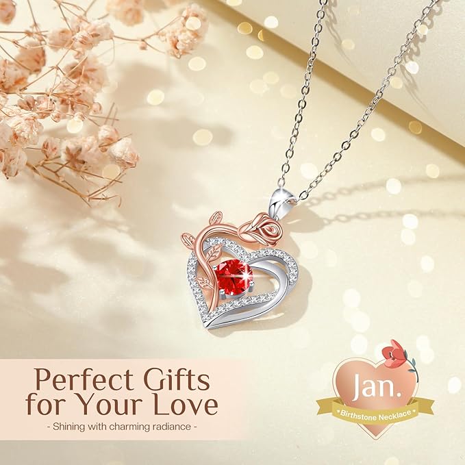 moshen Rose Heart Necklace for Women,925 Sterling Silver Birthstone Pendant - Gift for Women on Valentine's Day, Birthday, Christmas, Anniversary, Mather's Day (01-January-Garnet Red)
