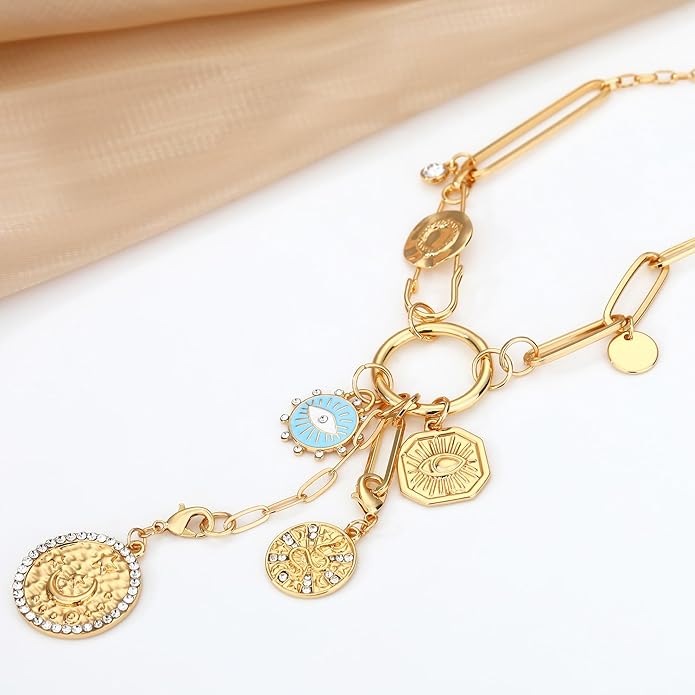 Charm Necklace for Women Gold Evil Eye Sun Moon Flower Coin Pendant Necklace Dainty Paperclip Chain Vintage Luck Amulet Choker Necklaces Celestial Jewelry Gift
