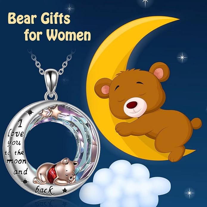 LILALO Bear Necklace Sterling Silver Moon Jewelry with I Love You To the Moon And Back Bear Gifts