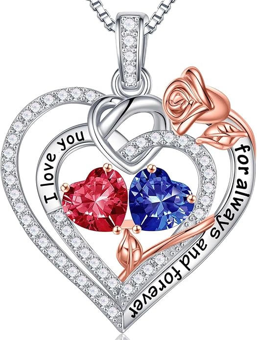 Iefil Rose Heart Necklace Gifts for Wife Women - 925 Sterling Silver Double Birthstone Necklace, Anniversary Birthday Gifts for Women, Jewelry Gift for Wife Girlfriend Mom Her