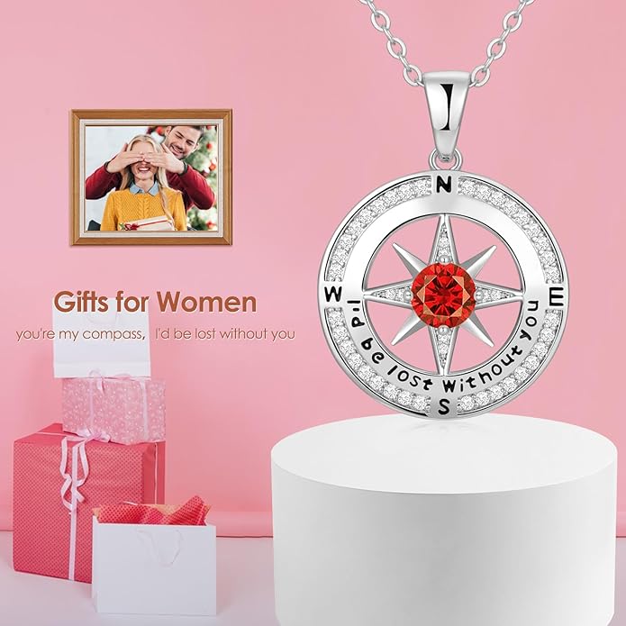 Compass Necklace Gifts for Women wife - S925 Sterling Silver Birthstone Necklaces for Women - Anniversary Birthday Gifts for Her Wife Girlfriend - Valentines Mom Mothers Day Christmas Gifts Jewelry for Women