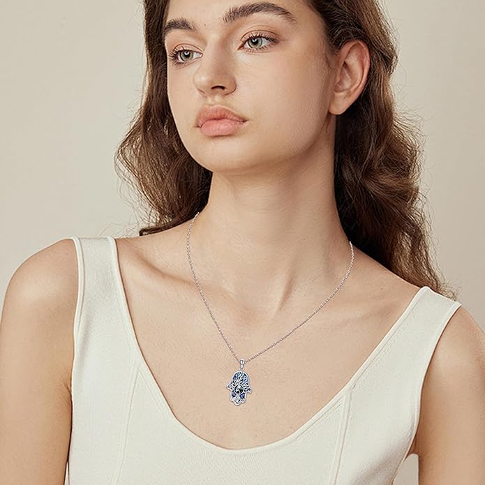 Hamsa Necklace 925 Sterling Silver Evil Eye/Lotus Flower/Star of David/Chai/Yin Yang Hamsa Hand Pendant Jewelry Hand of Fatima Gifts for Women