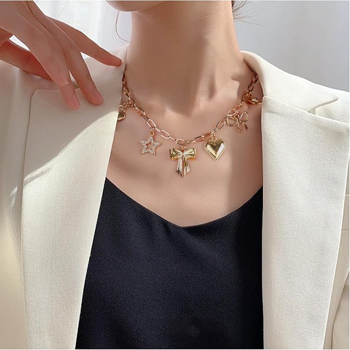 Gold Plated Paperclip Chain Beach Charm Necklace for Women Cute Shell Bow Dainty Beachy Starfish Pearl Seashell Strawberry Fruit Heart Mermaid Summer Jewelry Gift