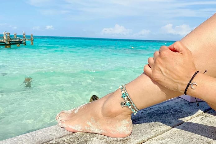 Starain Blue Turtle Anklets for Women Multilayer Beads Handmade Beach Ankle Bracelet Set Boho Foot Jewelry