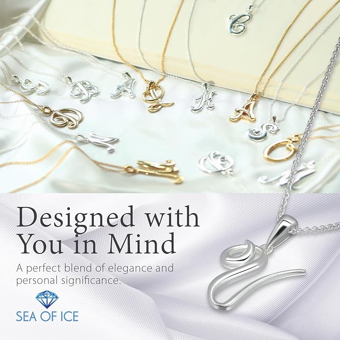 SEA OF ICE Letter Initial Necklace, Alphabet Letter Pendant Necklace, Sterling Silver, Gold, Rose Gold Necklace for Women, Elegant Initial Necklaces, Personalized Custom Women's Necklaces