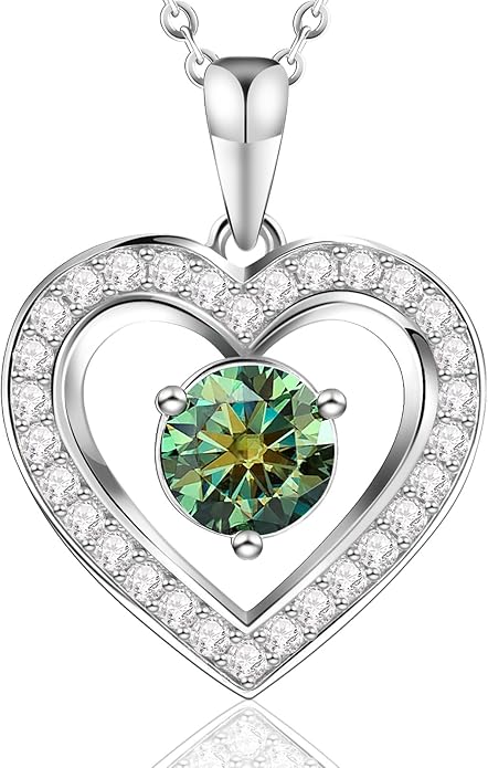 Full Moissanite Heart Necklace - No CZ! 2ct Vibrant Birthstone & 30 White Gems | 12 Month Gifts for Wife, Mom, Her | Anniversary, Valentine's Day, Mother's Day Jewelry
