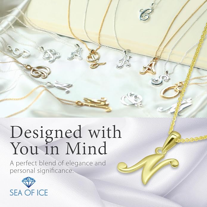 SEA OF ICE Letter Initial Necklace, Alphabet Letter Pendant Necklace, Sterling Silver, Gold, Rose Gold Necklace for Women, Elegant Initial Necklaces, Personalized Custom Women's Necklaces