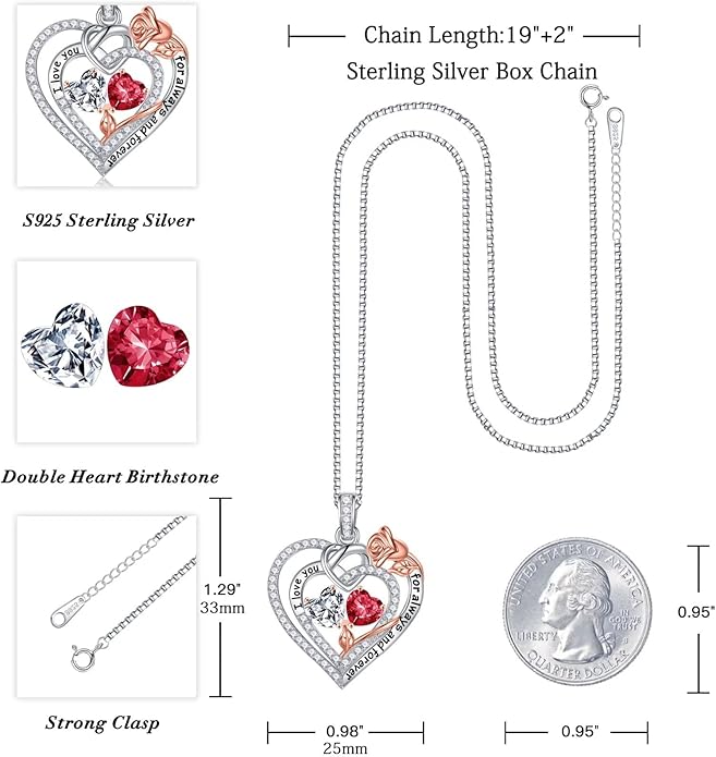 Iefil Rose Heart Necklace Gifts for Wife Women - 925 Sterling Silver Double Birthstone Necklace, Anniversary Birthday Gifts for Women, Jewelry Gift for Wife Girlfriend Mom Her