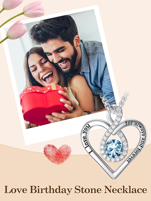 I Love You For Always and Forever Birthstone Necklace Infinity Love Heart Pendant Jewelry Christmas Valentine Mothers Day Birthday Gifts for Women Her Wife Girlfriend