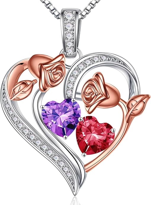 Iefil Birthstone Necklace for Women - 925 Sterling Silver Rose Heart Necklace, Birthstone Jewelry, Anniversary Birthday Gifts for Wife Girlfriend Mom Daughter