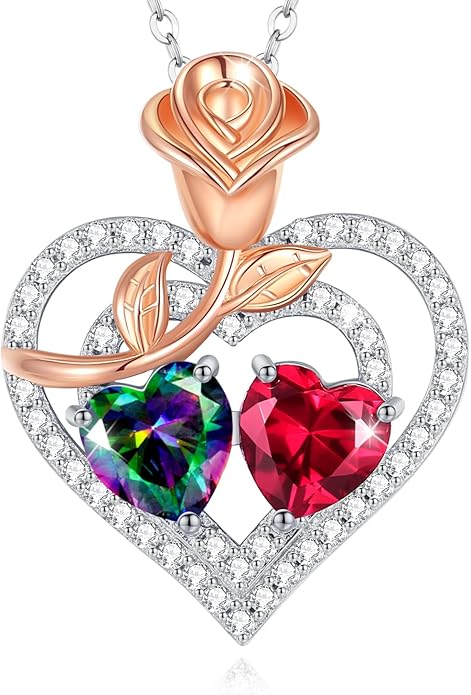 AGVANA Birthstone Necklace for Women Sterling Silver Rose Flower Heart Double Birthstone Jewelry Pendant Necklace Anniversary Birthday Gifts for Women Mom Wife Girlfriend Her