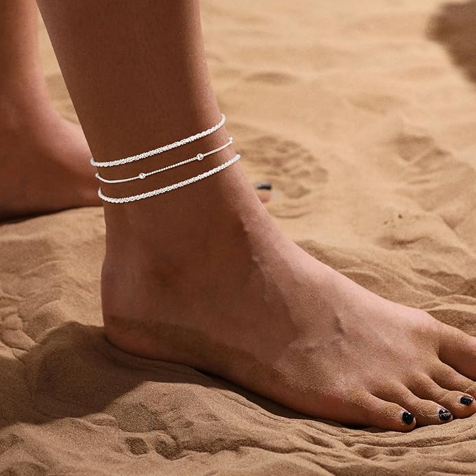 Ankle Bracelets for Women 14K Real Gold Silver Plated Ankle Bracelets Waterproof Heart Beads Rope Satellite Anklets Set Adjustable Layered Anklet Bracelets No Tarnish Summer Beach Jewelry Gift